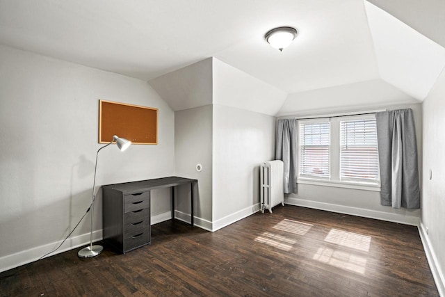 bonus room with lofted ceiling, baseboards, wood finished floors, and radiator