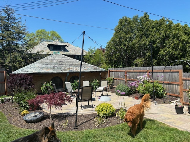 view of yard with a fenced backyard and a patio