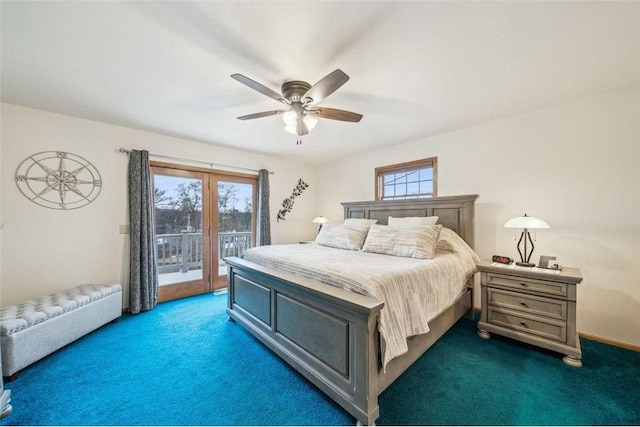 bedroom featuring access to exterior, dark colored carpet, baseboards, and a ceiling fan