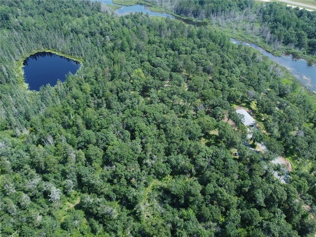 birds eye view of property with a forest view and a water view