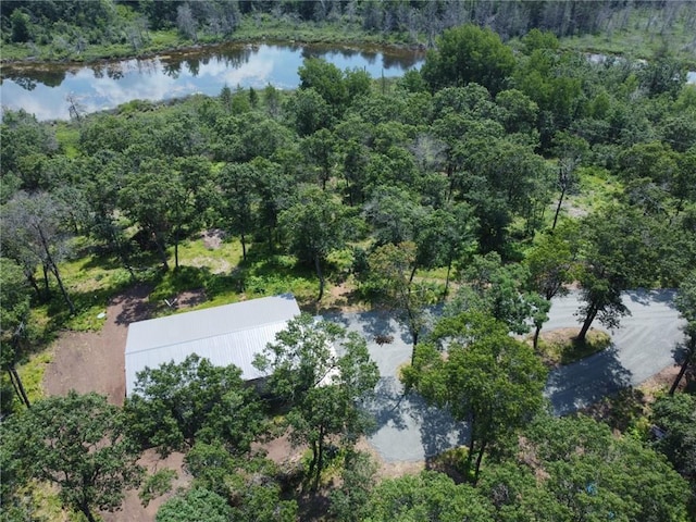 drone / aerial view featuring a water view and a forest view