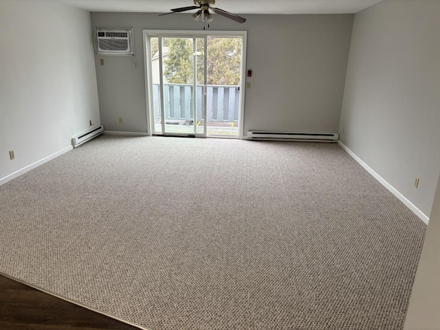 carpeted empty room featuring a ceiling fan, a baseboard radiator, baseboards, and an AC wall unit