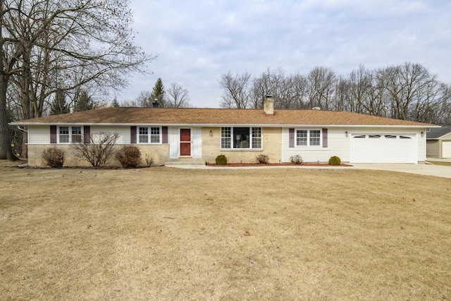 ranch-style home with an attached garage, driveway, a chimney, and a front yard