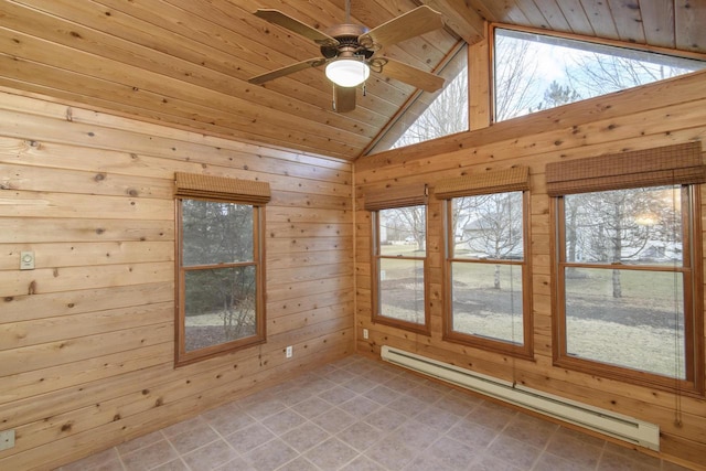 unfurnished sunroom with a baseboard heating unit, a ceiling fan, wood ceiling, and vaulted ceiling with beams