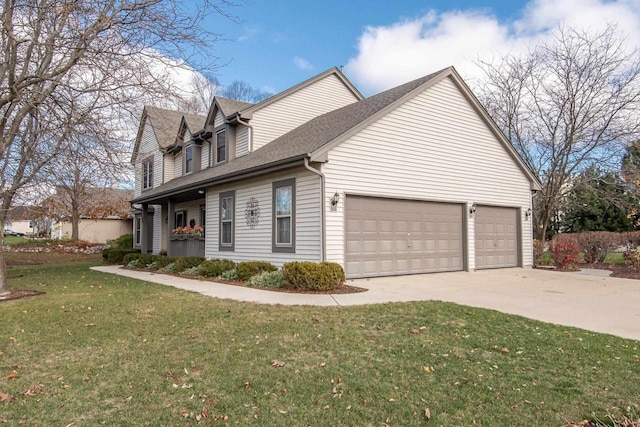 view of property exterior with a garage, driveway, a yard, and roof with shingles