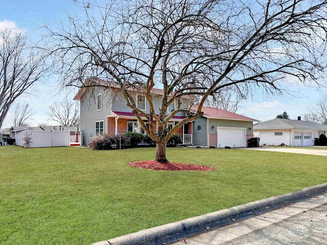 view of front facade featuring a garage, driveway, brick siding, and a front lawn