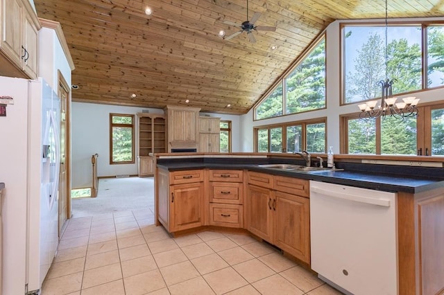 kitchen featuring wooden ceiling, white appliances, high vaulted ceiling, and a sink