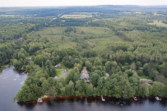 aerial view featuring a water view and a forest view