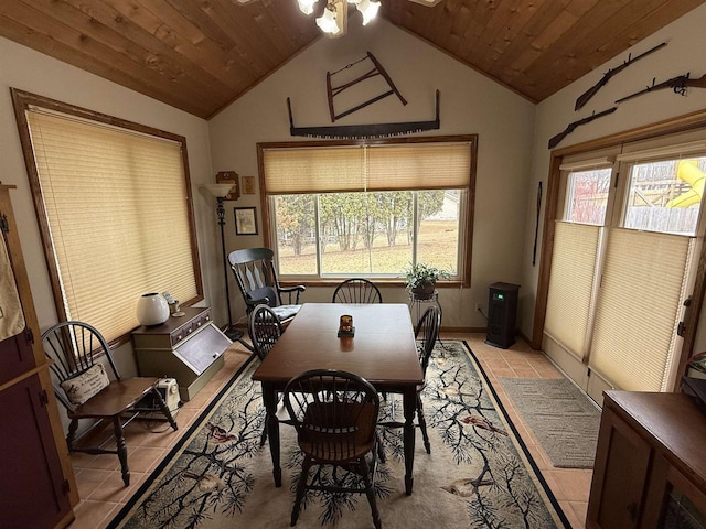 dining room featuring a wealth of natural light, light tile patterned floors, wooden ceiling, and lofted ceiling