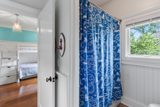 full bath featuring a wainscoted wall, wood finished floors, and a shower with shower curtain