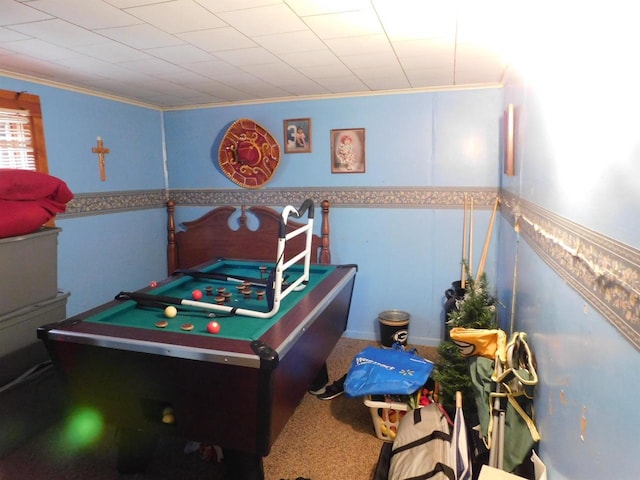 playroom with ornamental molding, carpet, and wainscoting