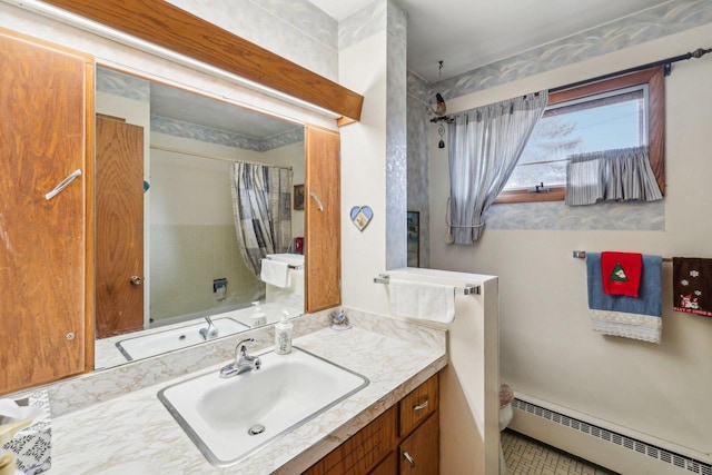 bathroom featuring a baseboard radiator, vanity, and a shower with shower curtain