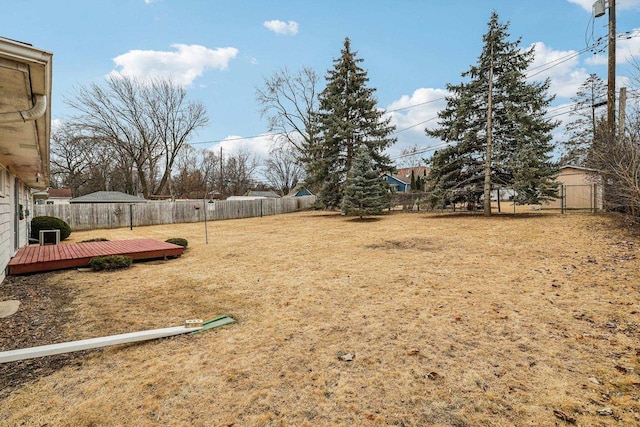 view of yard with a fenced backyard and a deck