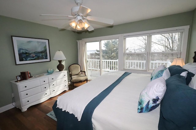 bedroom featuring ceiling fan, access to outside, dark wood finished floors, and baseboards