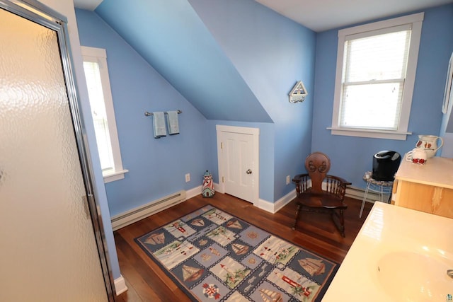 bathroom with a baseboard radiator, vaulted ceiling, and wood finished floors