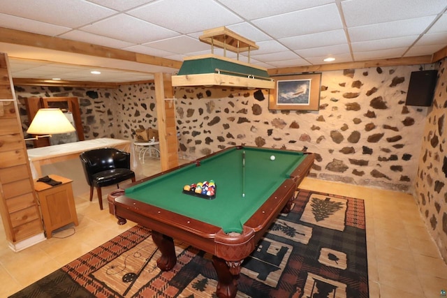 recreation room with wallpapered walls, billiards, and a drop ceiling