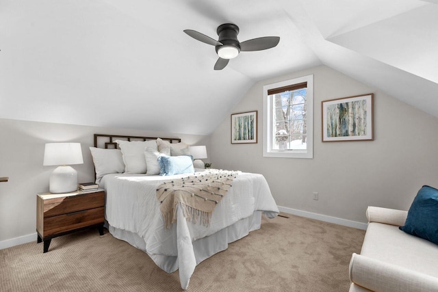 704 Fromm Ln, Elkhart Lake, WI 53020 - bedroom with light colored carpet, lofted ceiling, baseboards, and a ceiling fan