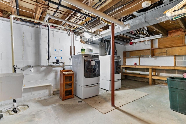 704 Fromm Ln, Elkhart Lake, WI 53020 - unfinished basement with washing machine and clothes dryer, a workshop area, concrete block wall, and a sink