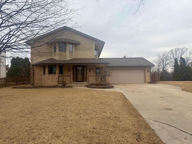 view of front of home with a porch, fence, concrete driveway, an attached garage, and brick siding