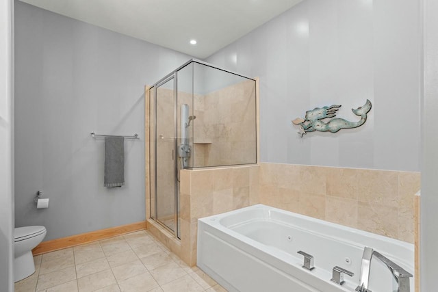 bathroom with toilet, baseboards, tile patterned floors, a tub with jets, and a stall shower