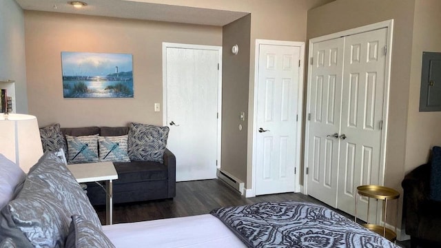 living area featuring dark wood-type flooring, electric panel, and baseboard heating