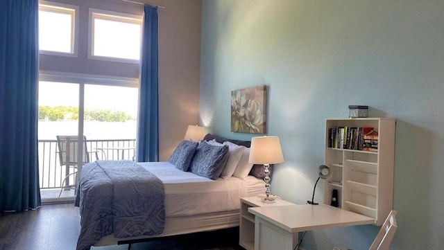 bedroom featuring multiple windows, dark wood finished floors, and access to exterior