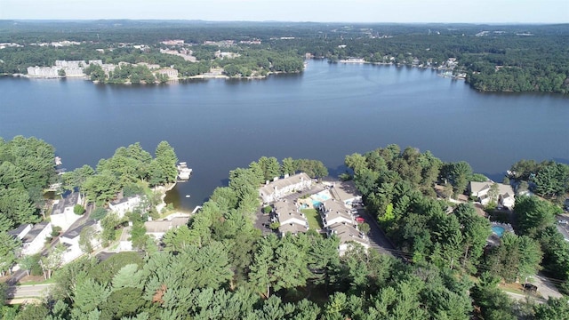 drone / aerial view with a water view and a wooded view