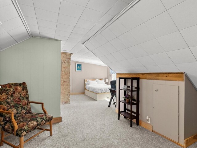 bedroom featuring carpet flooring and vaulted ceiling