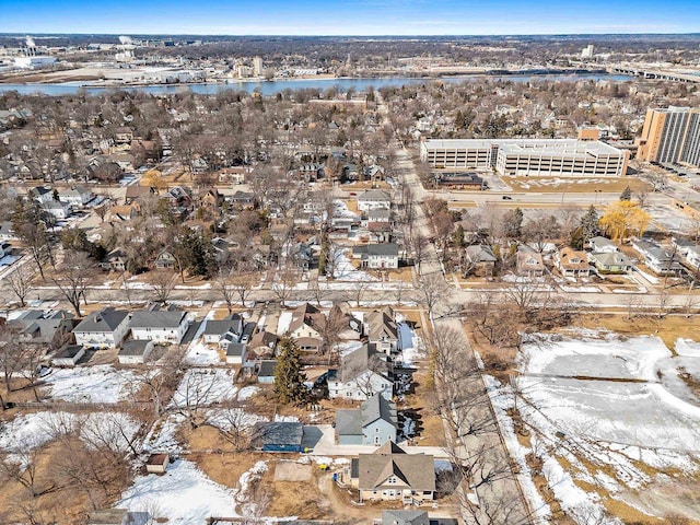 aerial view featuring a water view and a residential view