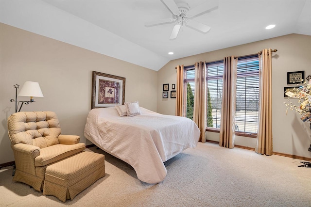 bedroom featuring lofted ceiling, baseboards, carpet flooring, and recessed lighting