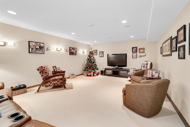 living room featuring baseboards, carpet flooring, and recessed lighting