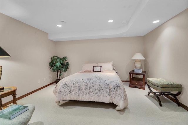 bedroom with carpet floors, recessed lighting, and baseboards