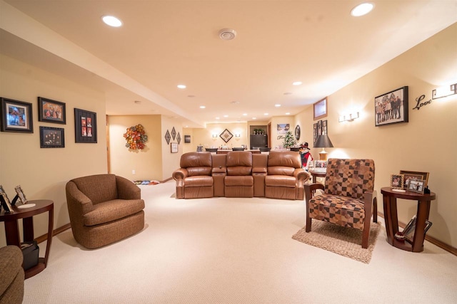 living room featuring carpet flooring and recessed lighting