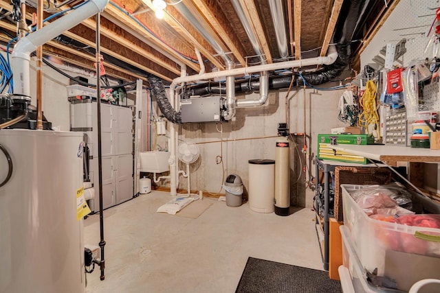 unfinished basement featuring water heater and a sink