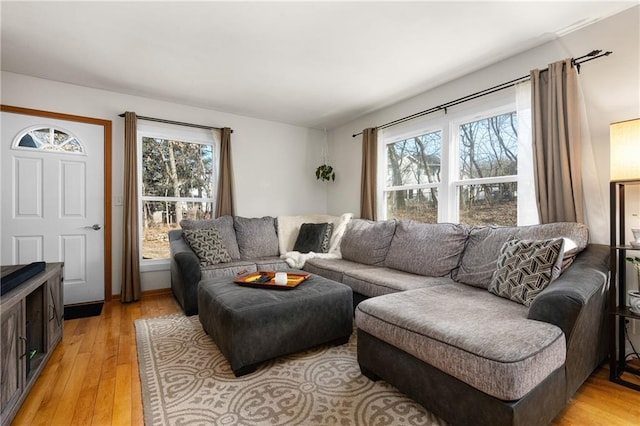 living room with a wealth of natural light and light wood-style floors