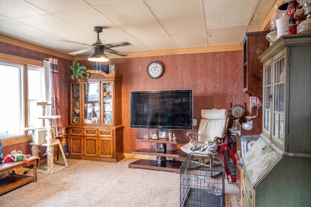 carpeted living room with a ceiling fan and wooden walls