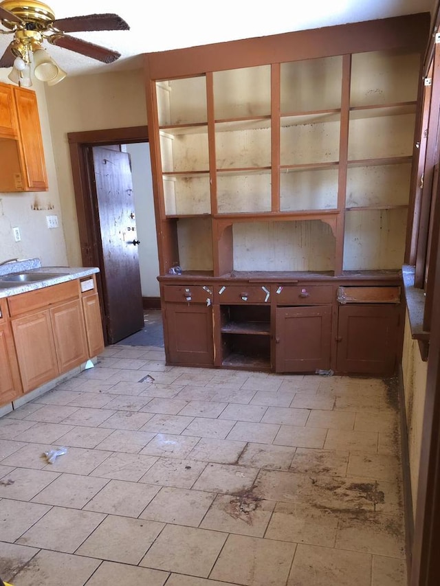 kitchen with a sink and a ceiling fan