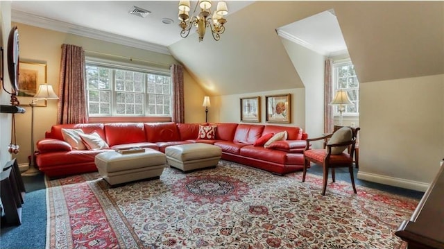 living room featuring visible vents, ornamental molding, baseboards, a chandelier, and vaulted ceiling