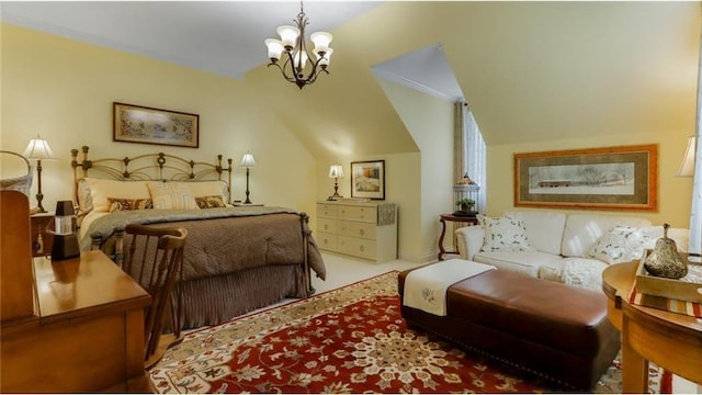 bedroom with a notable chandelier, carpet flooring, and lofted ceiling