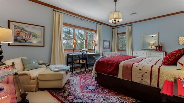 bedroom featuring visible vents and crown molding