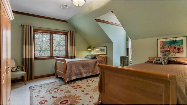 bedroom featuring visible vents, crown molding, baseboards, light colored carpet, and lofted ceiling