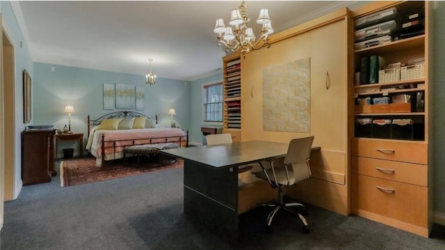 carpeted bedroom featuring a chandelier