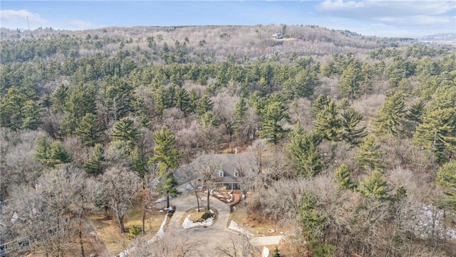 birds eye view of property featuring a wooded view