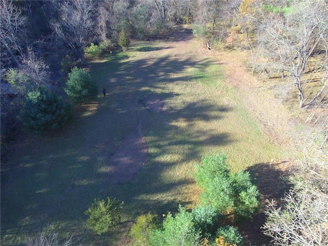 birds eye view of property featuring a forest view