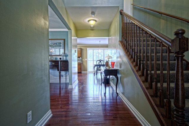 entryway with crown molding, stairs, baseboards, and wood finished floors