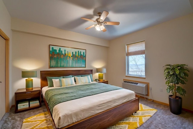 bedroom with carpet, baseboards, ceiling fan, and a wall mounted AC