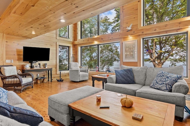 W3084 Blackbird Point Dr, Green Lake, WI 53946 - living area featuring wooden walls, high vaulted ceiling, wood-type flooring, and wooden ceiling