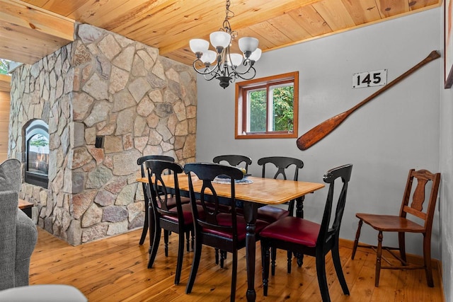 W3084 Blackbird Point Dr, Green Lake, WI 53946 - dining area featuring wooden ceiling, hardwood / wood-style flooring, a chandelier, and a stone fireplace