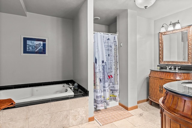 W3084 Blackbird Point Dr, Green Lake, WI 53946 - full bathroom featuring a shower stall, vanity, a bath, tile patterned floors, and baseboards