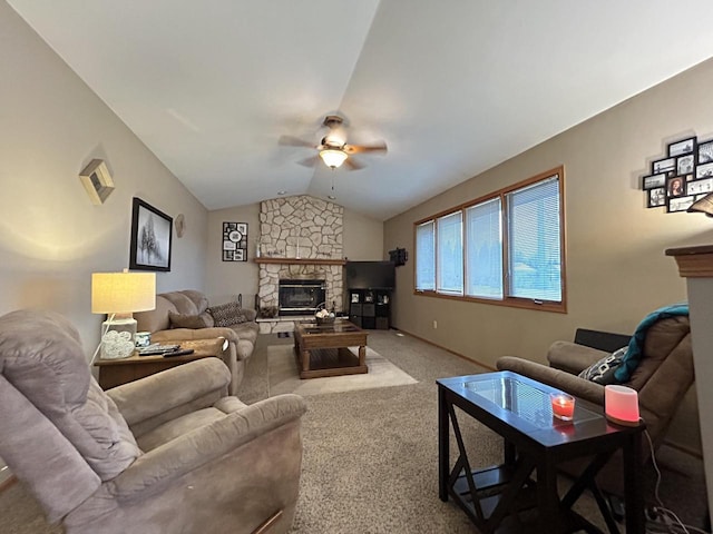 carpeted living area with a ceiling fan, vaulted ceiling, and a fireplace